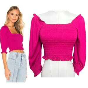 Free People Smocked Puff Sleeve Crop Top Fuchsia XS